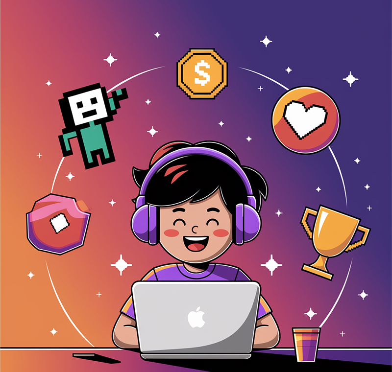 Ragazzo entusiasta al computer con elementi di gioco attorno