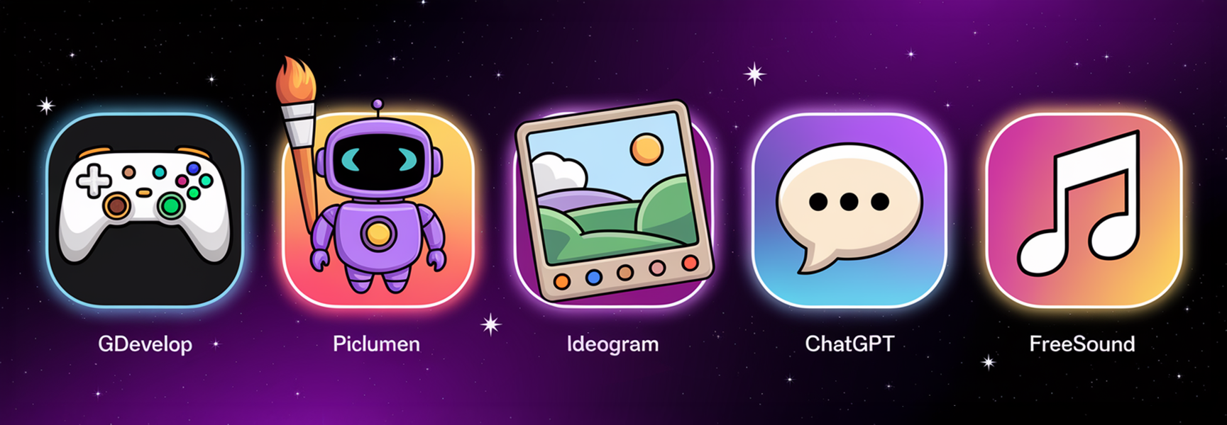 Gli strumenti gratuiti usati nel corso: GDevelop, Piclumen, Ideogram, ChatGPT, Freesound